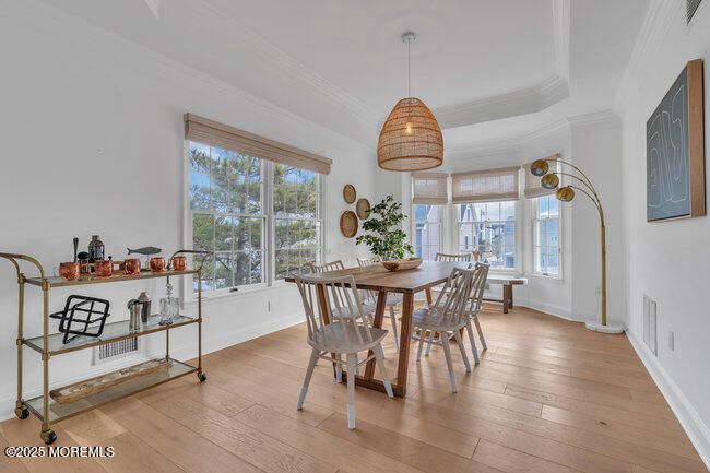 Dining room, Interior, Pendant Lights, Wood Texture Flooring
