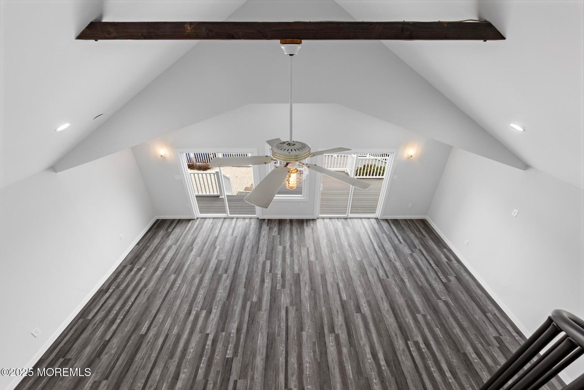 Empty room, Interior, Pendant Lights, Recessed Lighting, Wooden Beams, Wood Texture Flooring