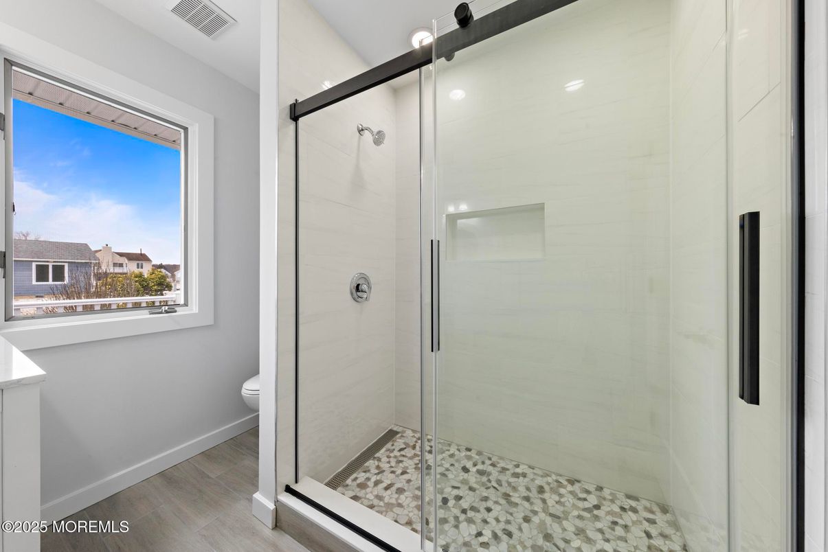 Bathroom, Glass Shower, Interior, Recessed Lighting, Wood Texture Flooring