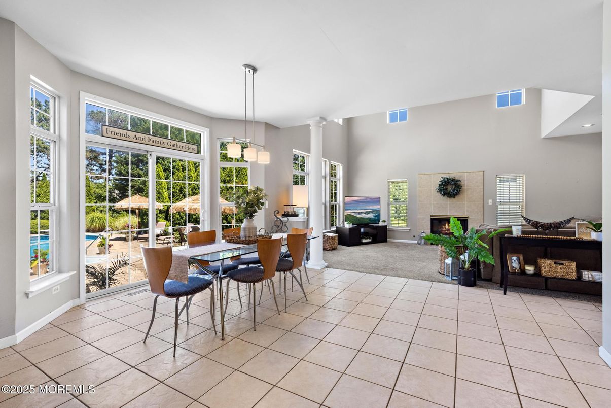 Dining room, Fireplace, Interior, Living room, Pendant Lights