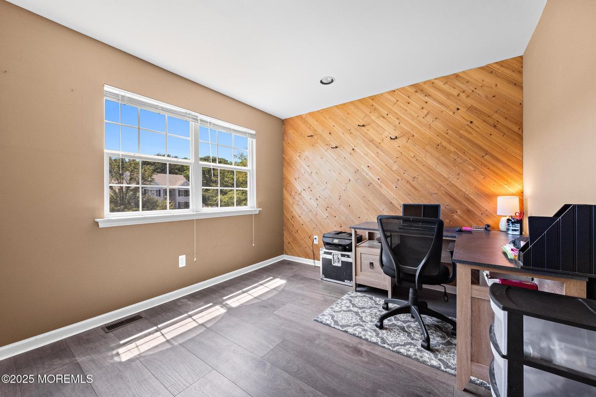 Home Office, Interior, Recessed Lighting, Wood Texture Flooring, Wooden Walls