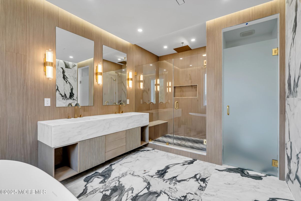 Bathroom, Dual Sink Vanities, Glass Shower, Interior, Marble, Recessed Lighting
