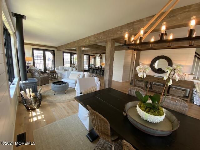 Chandelier, Dining room, Interior, Living room, Wooden Beams, Wood Texture Flooring