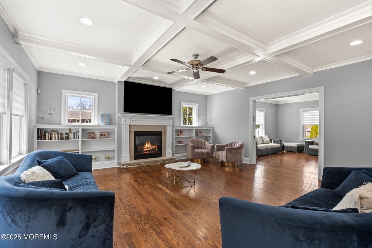 Fireplace, Interior, Living room, Recessed Lighting, Wood Texture Flooring