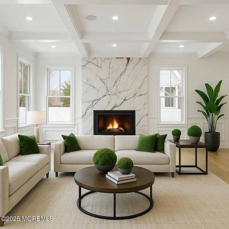 Fireplace, Interior, Living room, Marble Walls, Recessed Lighting, Wood Texture Flooring
