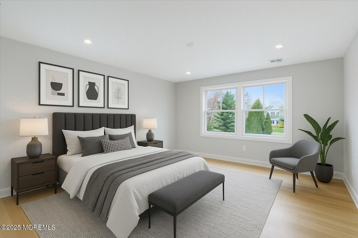 Bedroom, Interior, Recessed Lighting, Wood Texture Flooring
