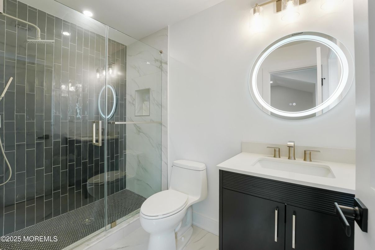 Bathroom, Glass Shower, Interior, Marble Walls, Recessed Lighting