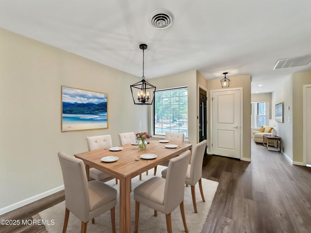 Dining room, Interior, Pendant Lights, Recessed Lighting, Wood Texture Flooring