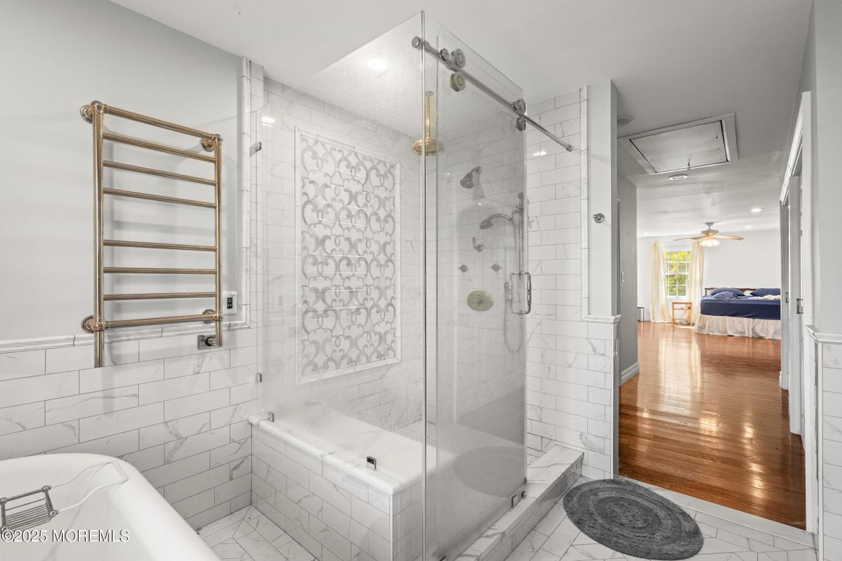 Bathroom, Glass Shower, Interior, Recessed Lighting, Wood Texture Flooring