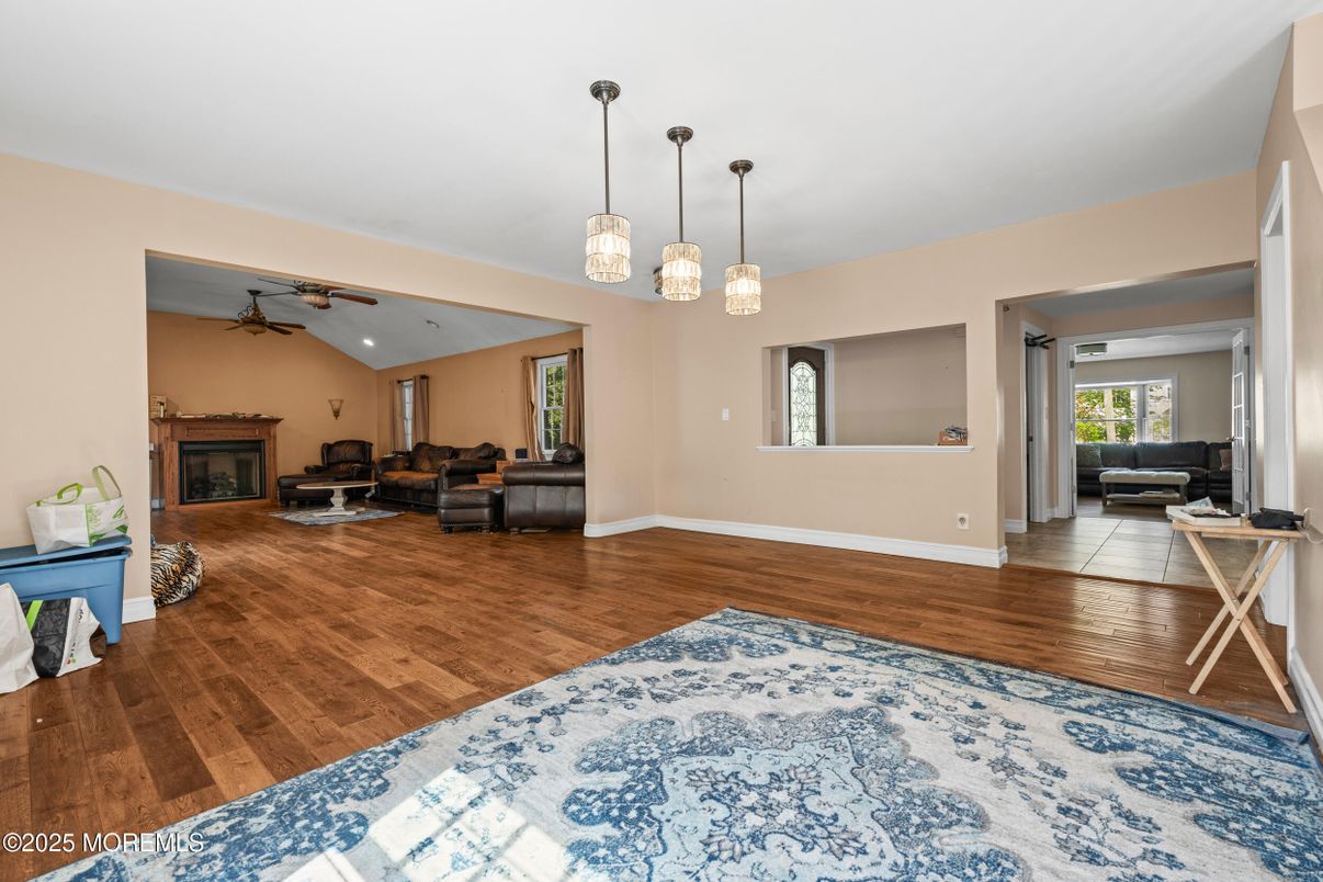 Fireplace, Interior, Living room, Pendant Lights, Wood Texture Flooring