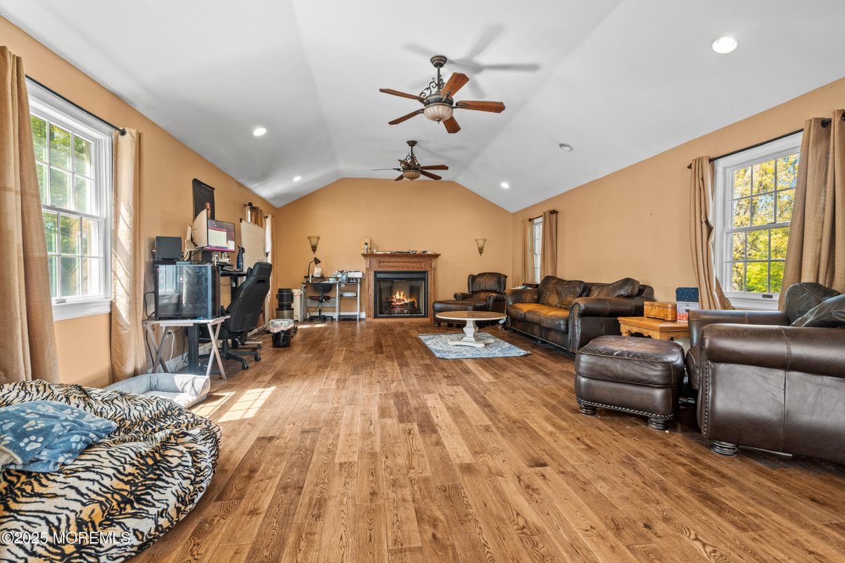 Fireplace, Home Office, Interior, Living room, Recessed Lighting, Wood Texture Flooring