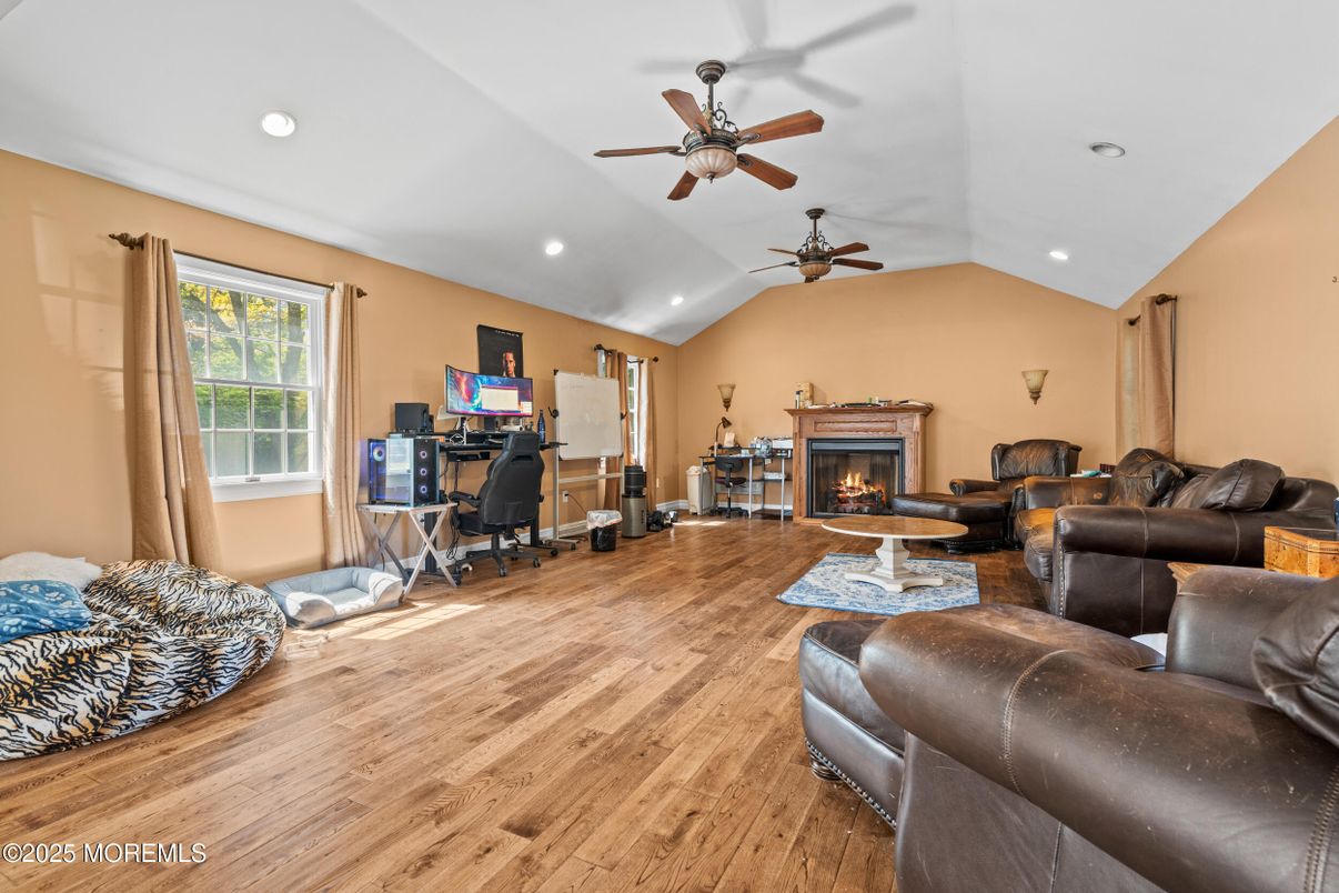 Fireplace, Home Office, Interior, Living room, Recessed Lighting, Wood Texture Flooring