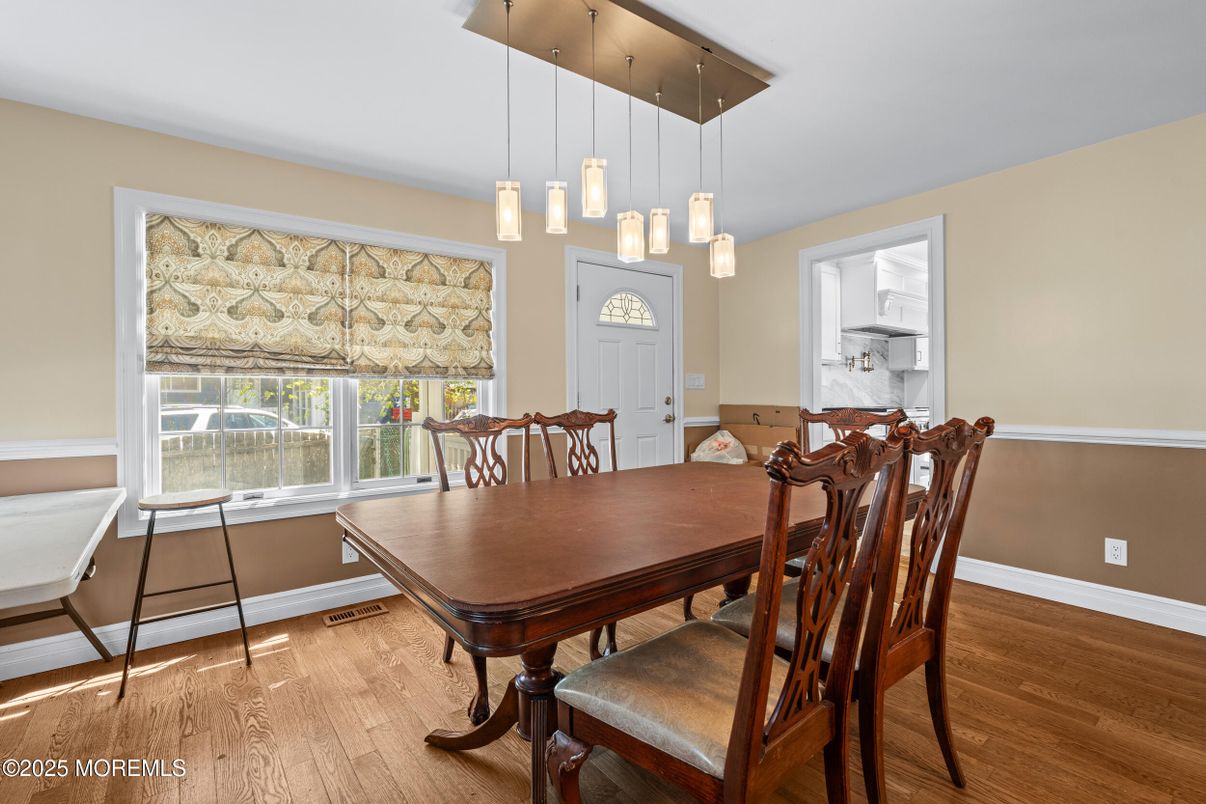 Dining room, Interior, Pendant Lights, Wood Texture Flooring