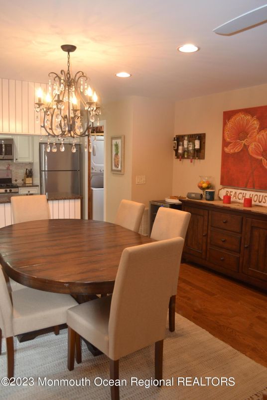 Chandelier, Dining room, Interior, Kitchen, Recessed Lighting, Wood Texture Flooring