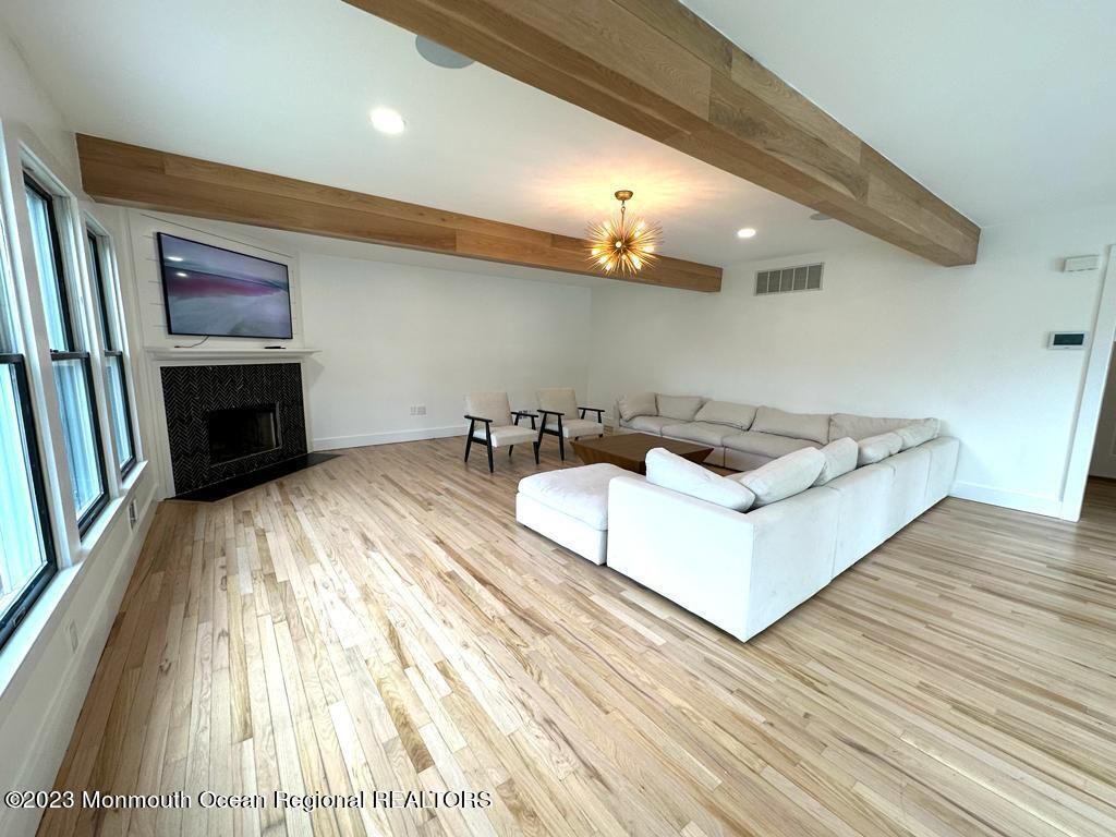 Fireplace, Interior, Living room, Recessed Lighting, Wooden Beams, Wood Texture Flooring