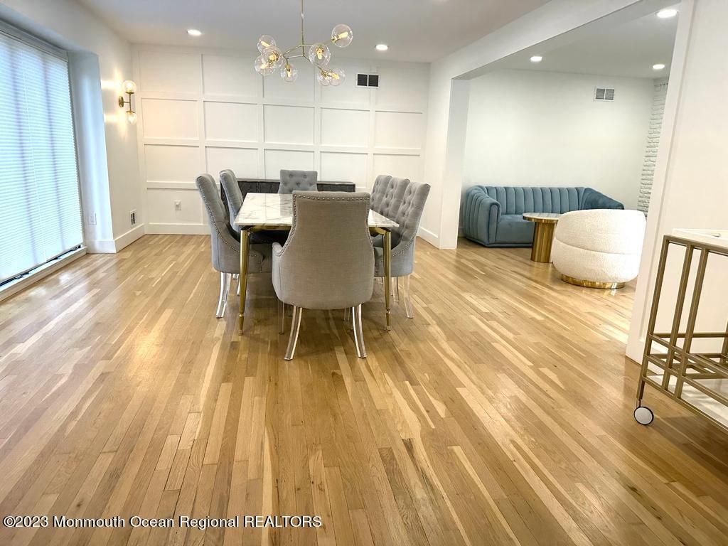 Dining room, Interior, Pendant Lights, Recessed Lighting, Wood Texture Flooring