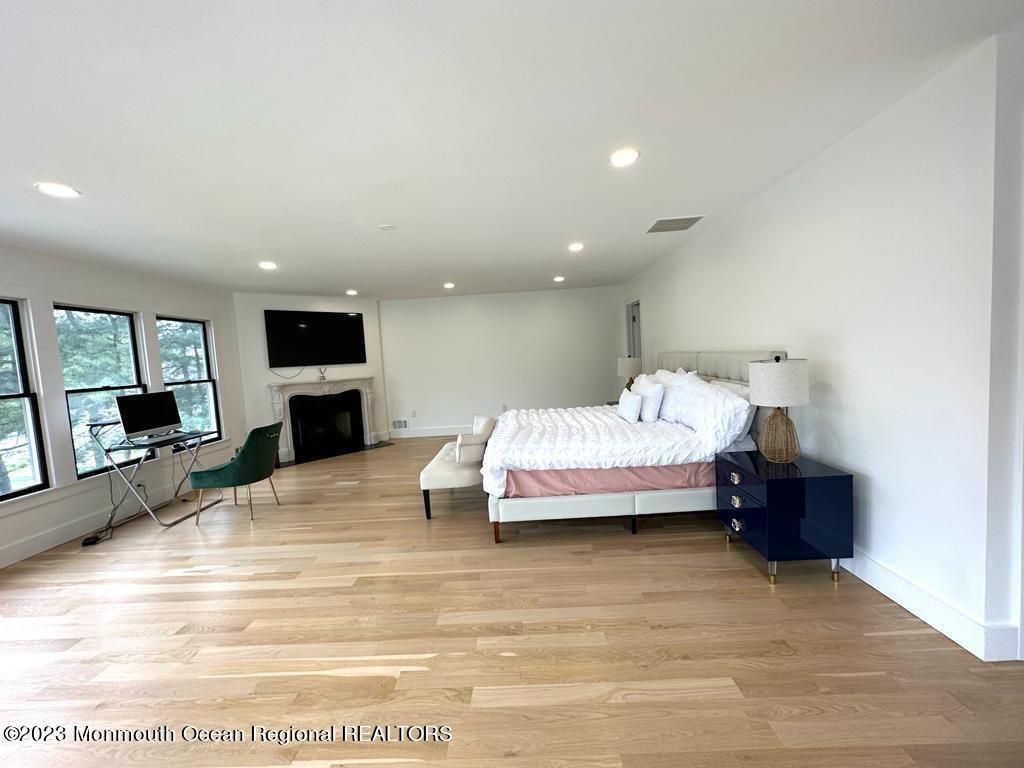 Bedroom, Fireplace, Home Office, Interior, Recessed Lighting, Wood Texture Flooring