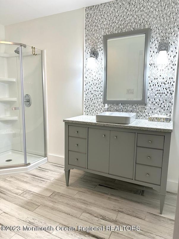 Bathroom, Glass Shower, Interior, Wood Texture Flooring