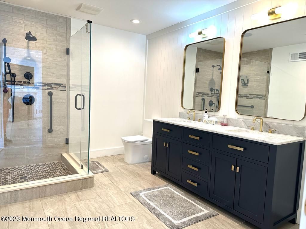 Bathroom, Dual Sink Vanities, Glass Shower, Interior, Recessed Lighting