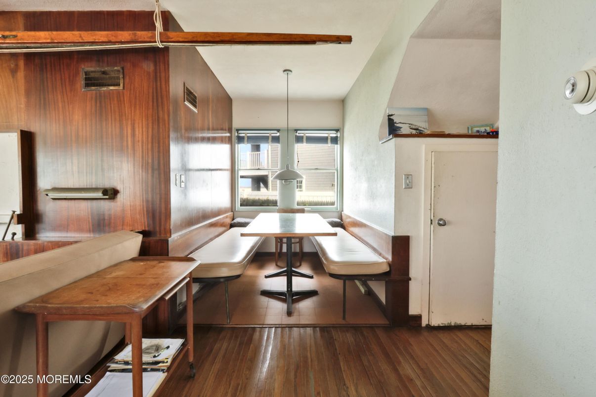 Dining room, Interior, Pendant Lights, Wood Texture Flooring
