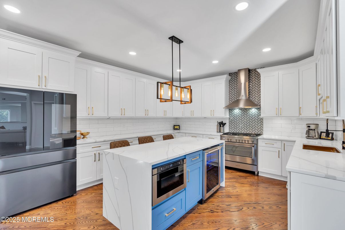 Interior, Kitchen, Pendant Lights, Recessed Lighting, Stainless Steel Appliances, Wood Texture Flooring