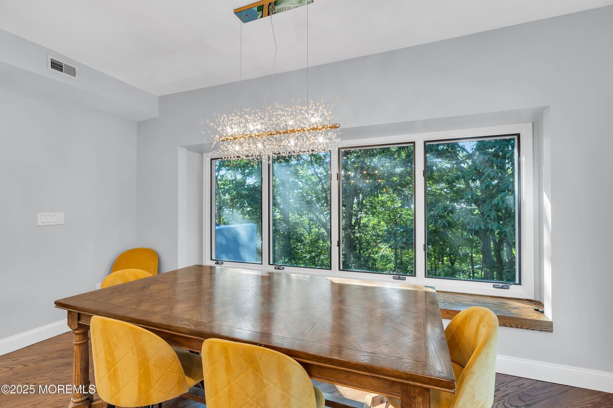 Dining room, Interior, Pendant Lights, Wood Texture Flooring