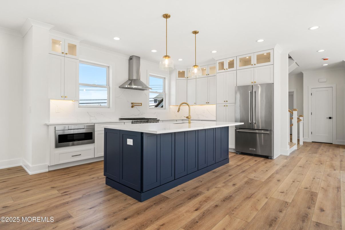 Interior, Kitchen, Pendant Lights, Recessed Lighting, Stainless Steel Appliances, Wood Texture Flooring