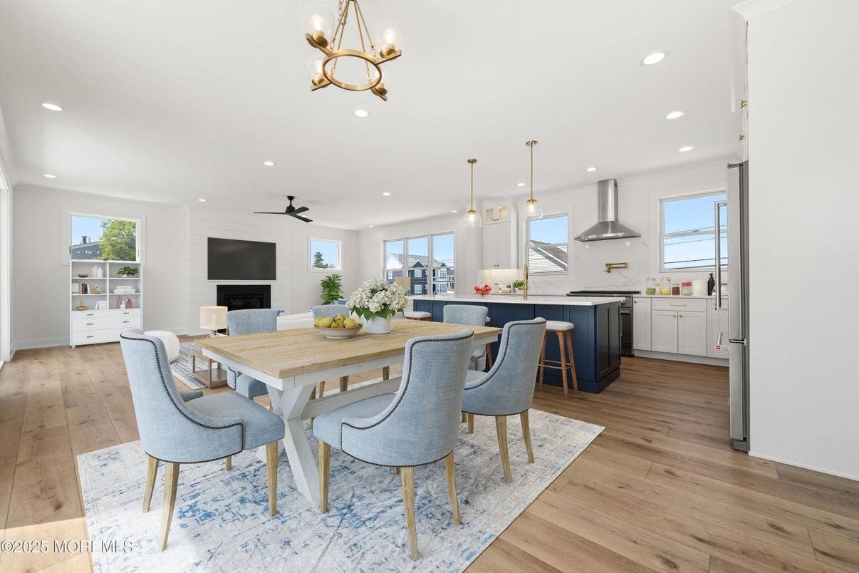Dining room, Fireplace, Interior, Kitchen, Pendant Lights, Recessed Lighting, Wood Texture Flooring