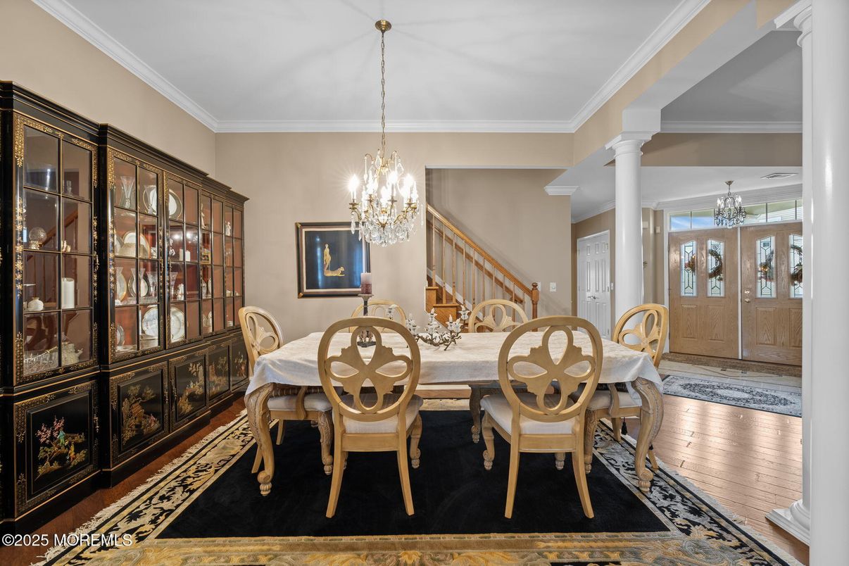 Chandelier, Dining room, Interior, Wood Texture Flooring