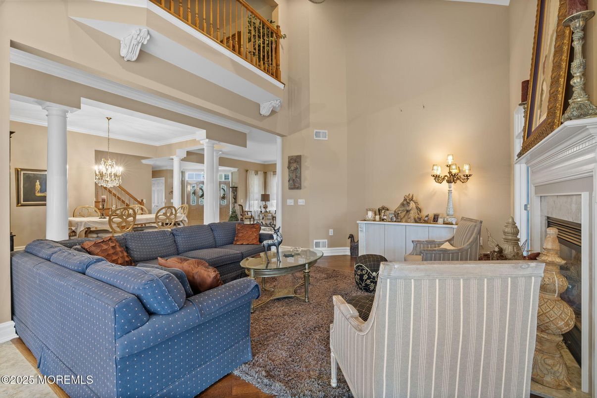 Chandelier, Dining room, Fireplace, Interior, Living room