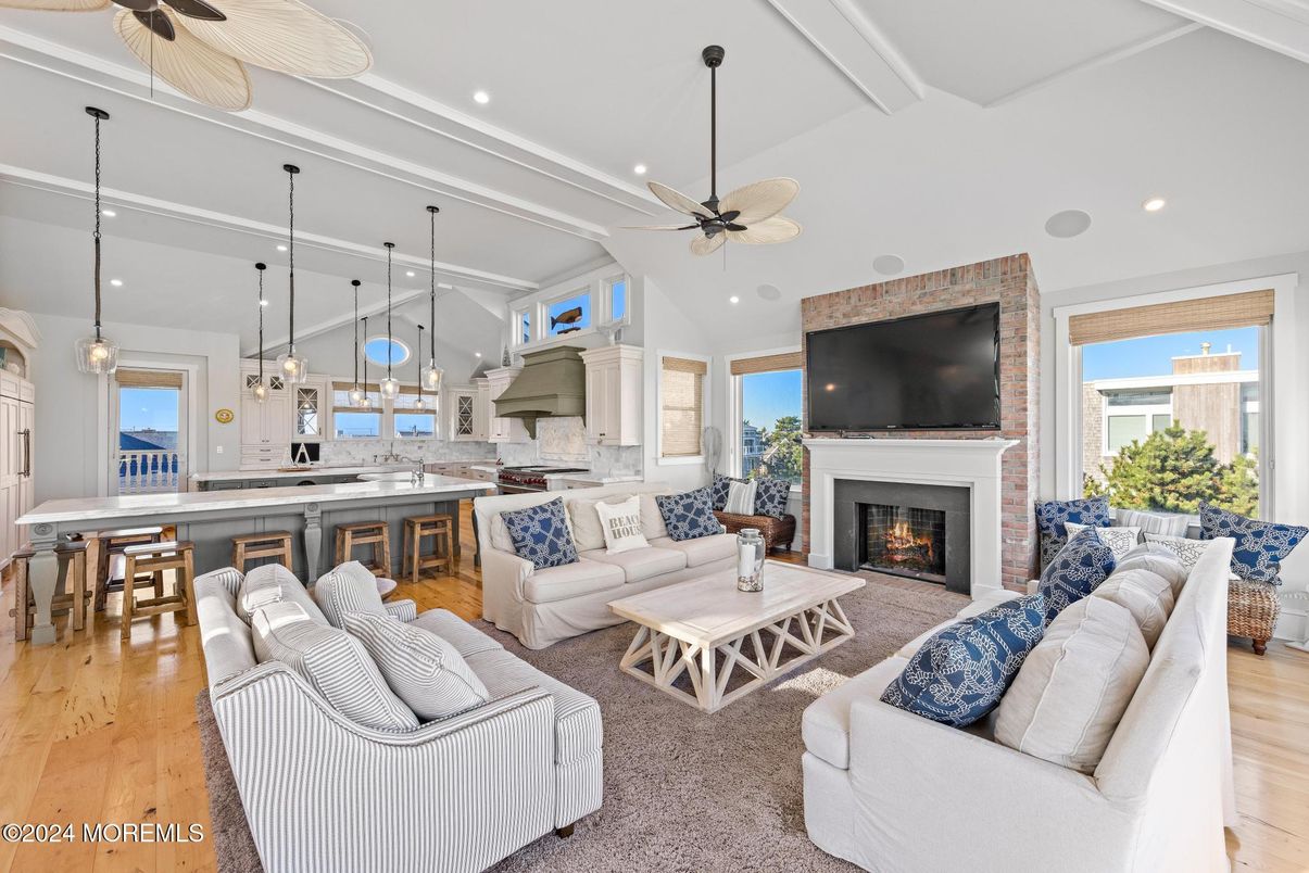 Fireplace, Interior, Kitchen, Living room, Pendant Lights, Recessed Lighting, Wood Texture Flooring