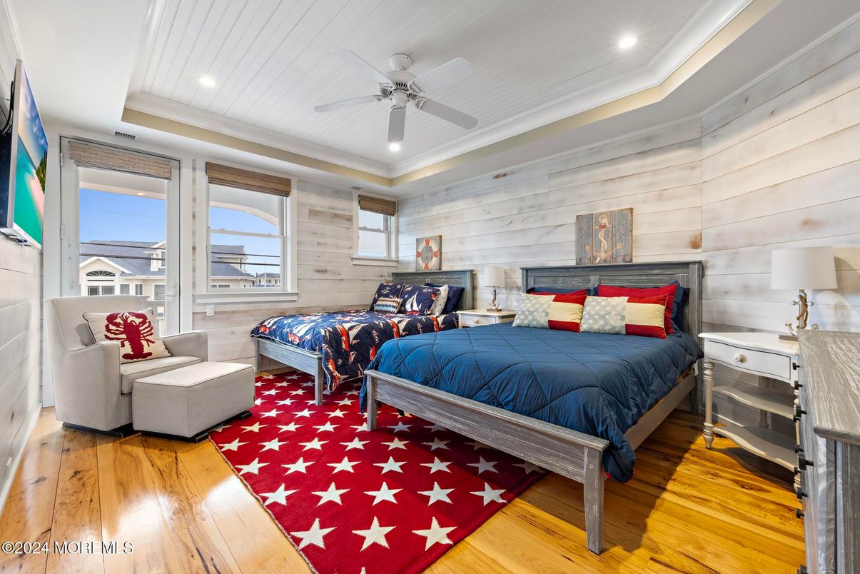Bedroom, Interior, Recessed Lighting, Wood Texture Flooring, Wooden Walls