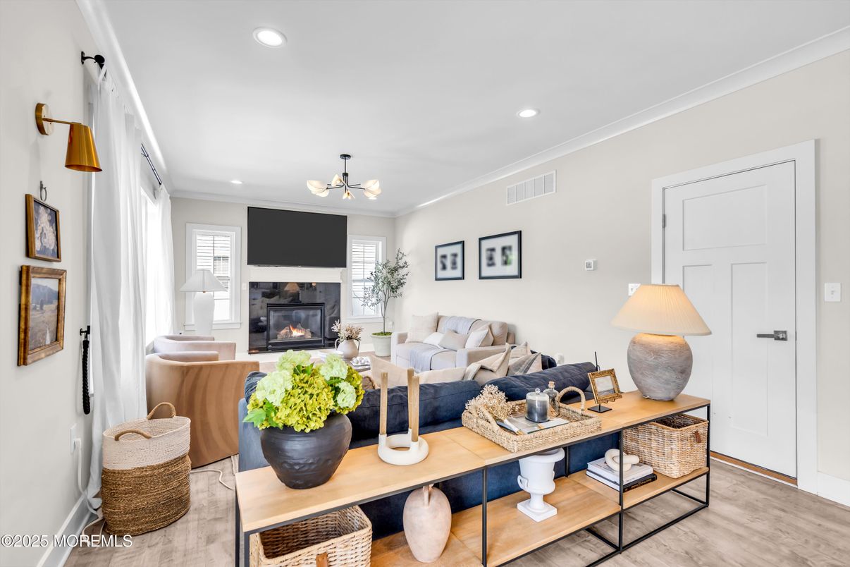 Fireplace, Interior, Living room, Recessed Lighting, Wood Texture Flooring