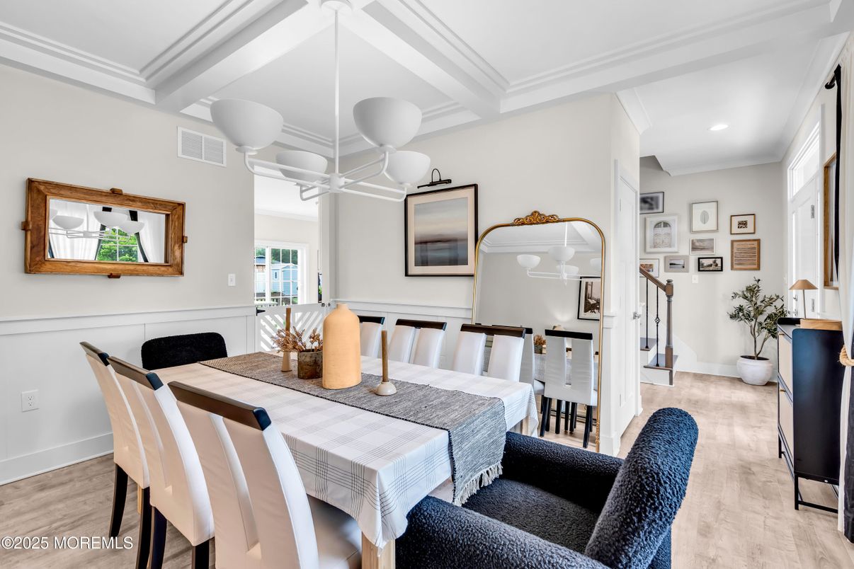 Dining room, Interior, Recessed Lighting, Wood Texture Flooring