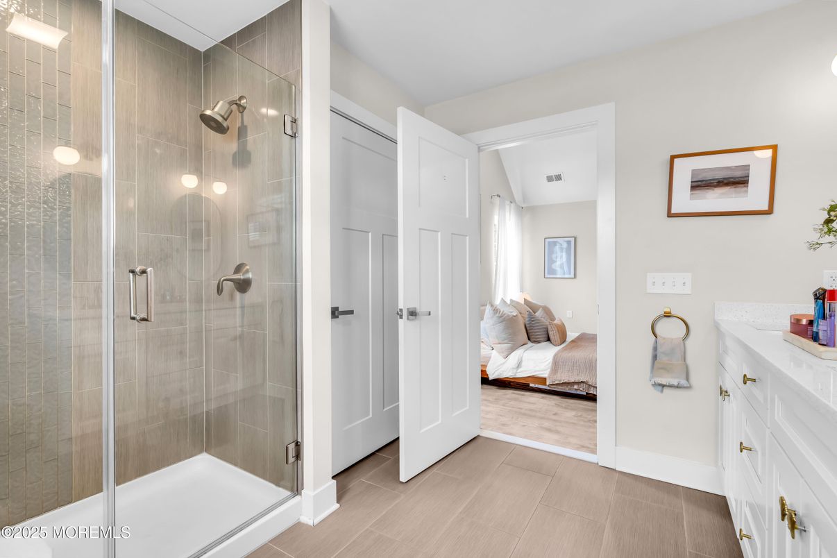 Bathroom, Bedroom, Glass Shower, Interior, Wood Texture Flooring