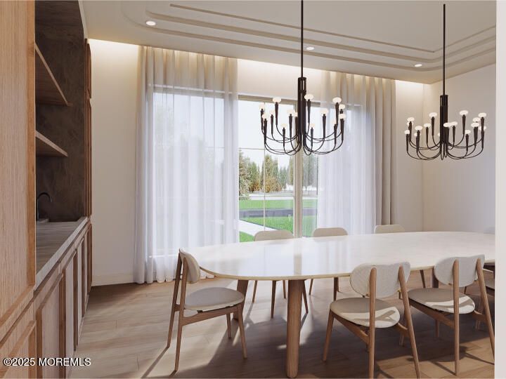 Chandelier, Dining room, Interior, Recessed Lighting, Wood Texture Flooring