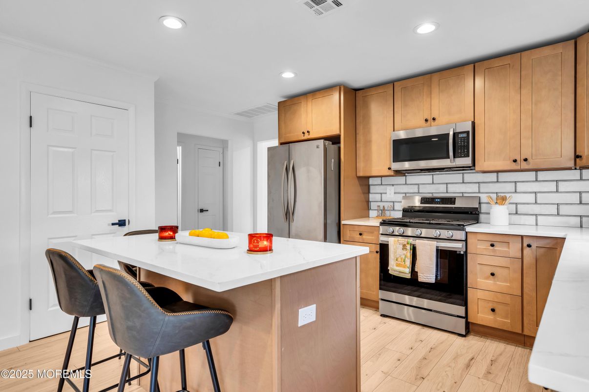 Interior, Kitchen, Recessed Lighting, Stainless Steel Appliances, Wood Texture Flooring