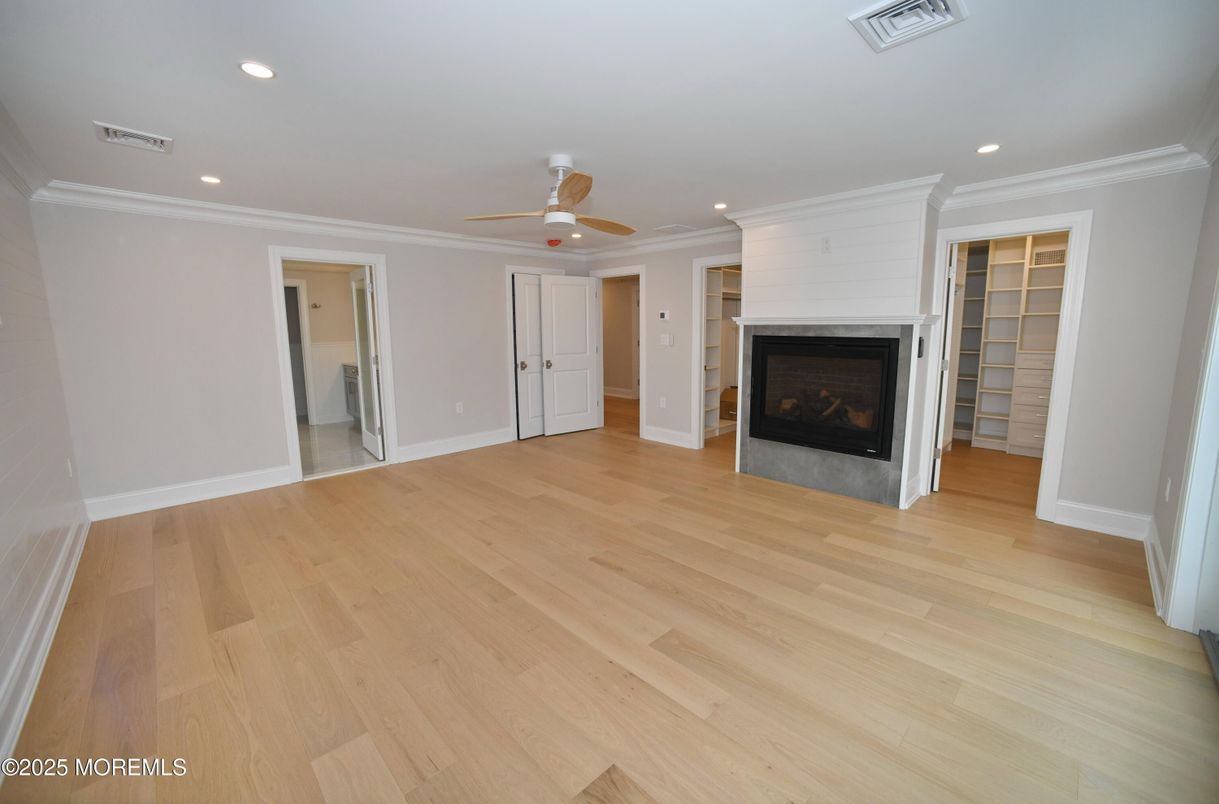 Empty room, Fireplace, Interior, Recessed Lighting, Wood Texture Flooring