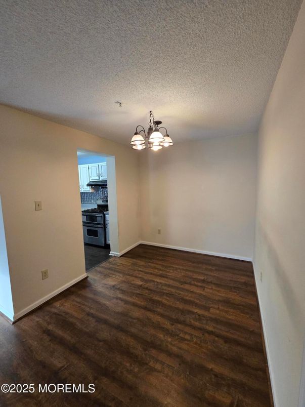Chandelier, Empty room, Interior, Kitchen, Stainless Steel Appliances, Wood Texture Flooring