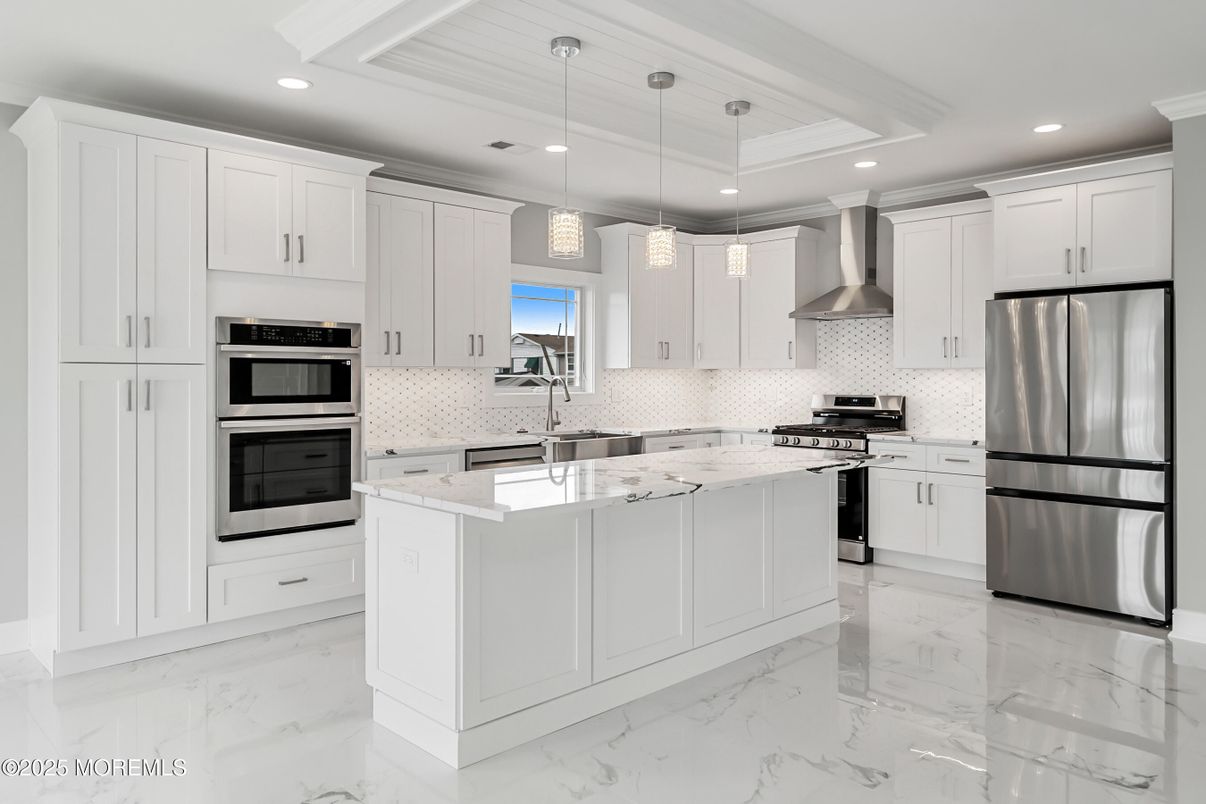 Interior, Kitchen, Marble, Pendant Lights, Recessed Lighting, Stainless Steel Appliances