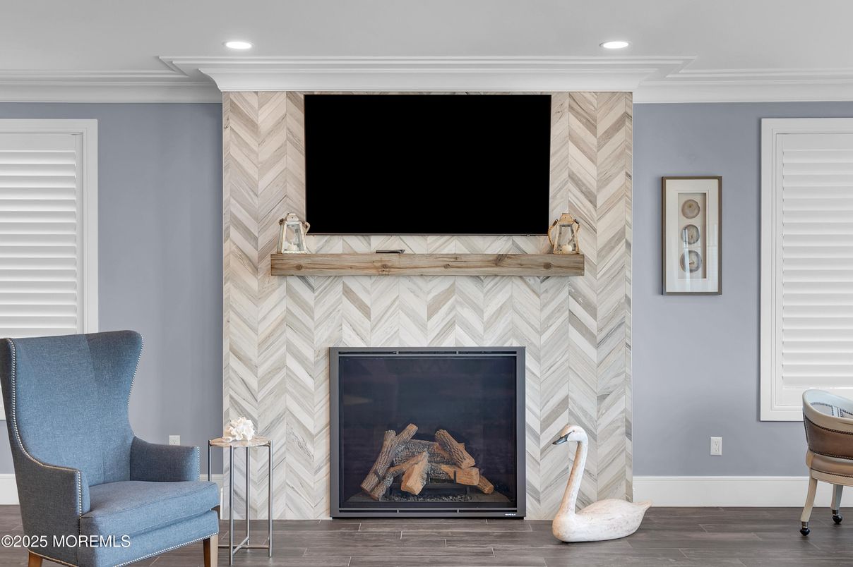 Fireplace, Interior, Recessed Lighting, Wood Texture Flooring