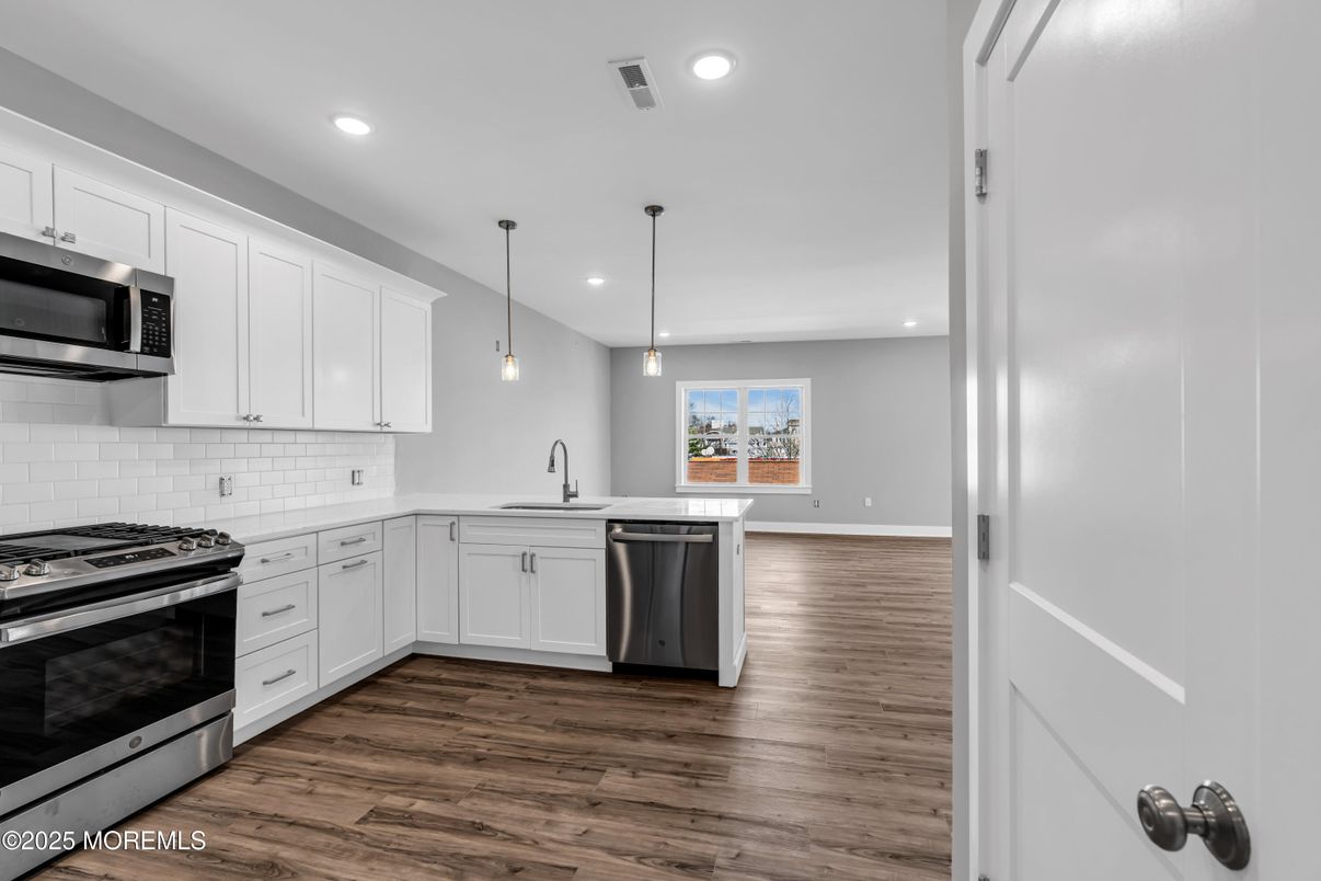 Interior, Kitchen, Pendant Lights, Recessed Lighting, Stainless Steel Appliances, Wood Texture Flooring