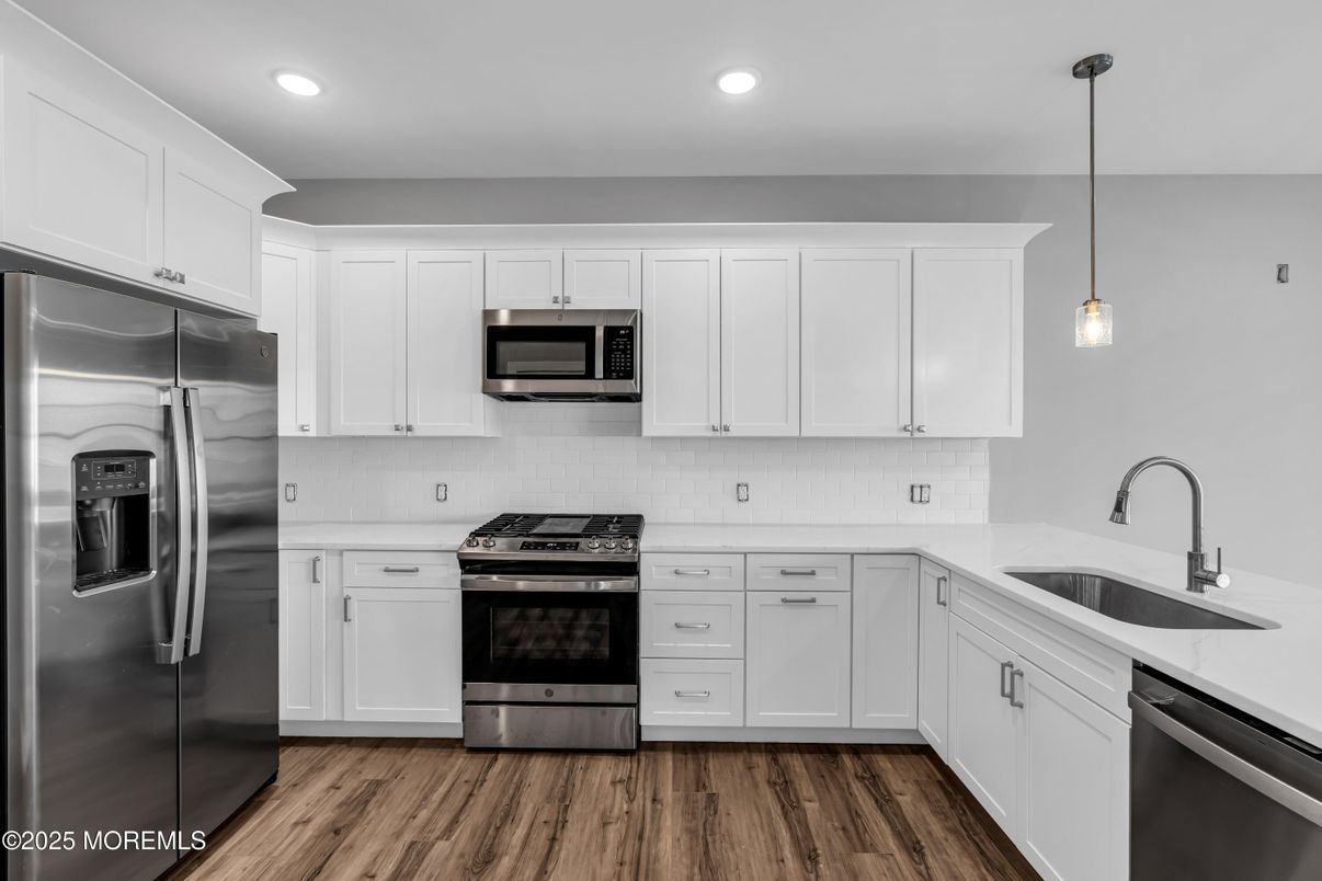 Interior, Kitchen, Pendant Lights, Recessed Lighting, Stainless Steel Appliances, Wood Texture Flooring
