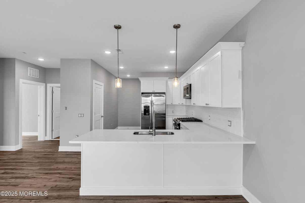 Interior, Kitchen, Pendant Lights, Recessed Lighting, Stainless Steel Appliances, Wood Texture Flooring