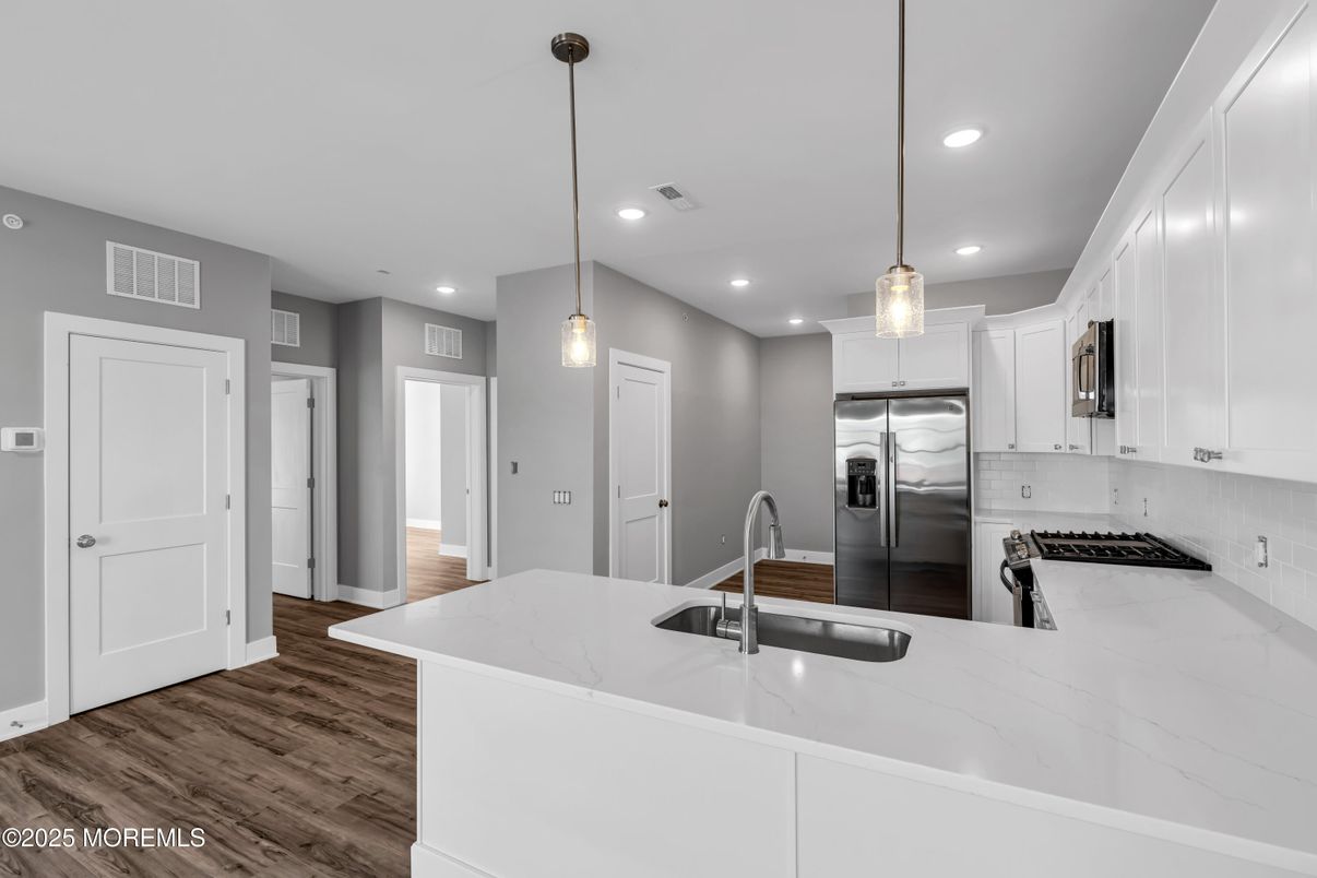 Interior, Kitchen, Pendant Lights, Recessed Lighting, Stainless Steel Appliances, Wood Texture Flooring