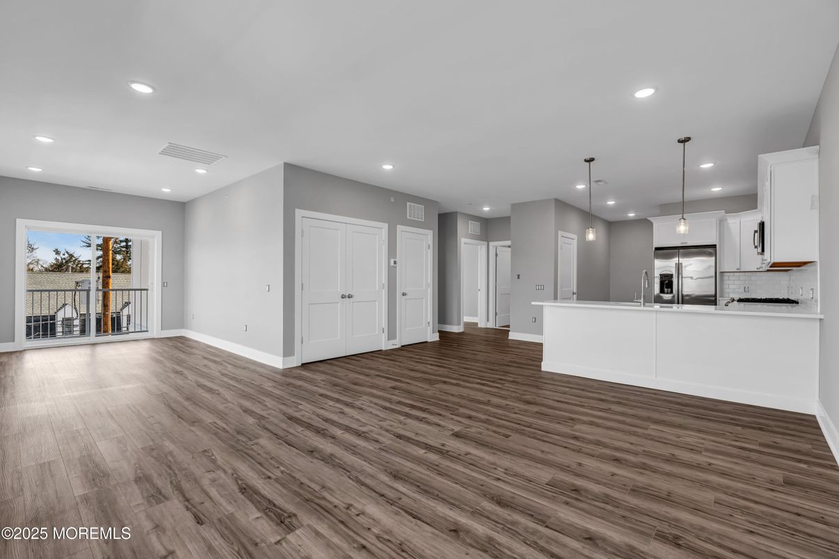 Empty room, Interior, Kitchen, Pendant Lights, Recessed Lighting, Wood Texture Flooring