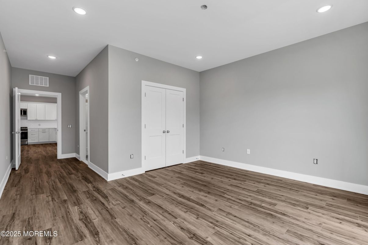 Empty room, Interior, Kitchen, Recessed Lighting, Wood Texture Flooring