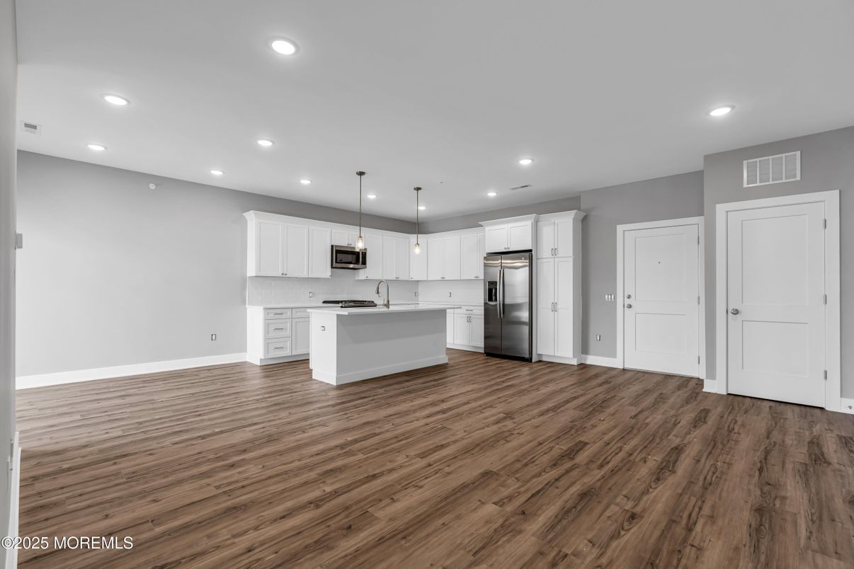 Interior, Kitchen, Pendant Lights, Recessed Lighting, Stainless Steel Appliances, Wood Texture Flooring