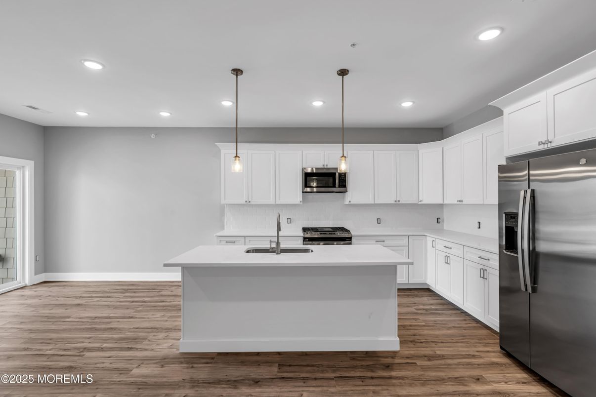 Interior, Kitchen, Pendant Lights, Recessed Lighting, Stainless Steel Appliances, Wood Texture Flooring