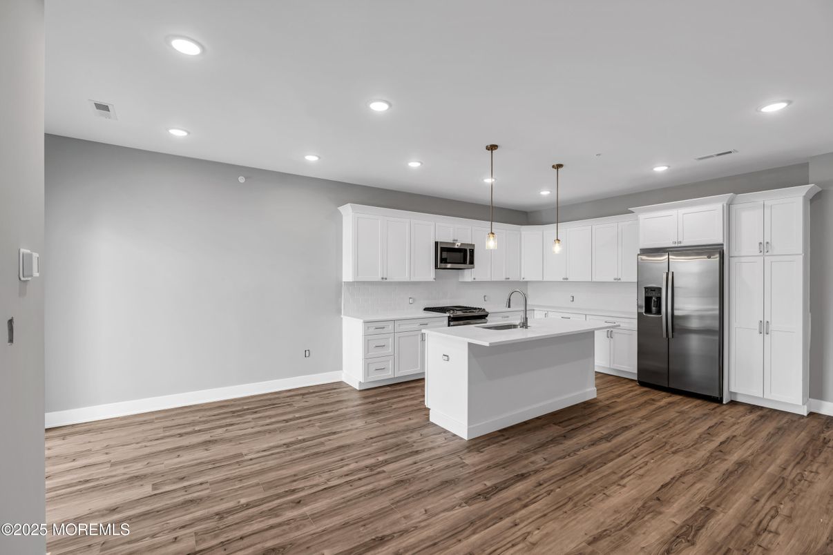 Interior, Kitchen, Pendant Lights, Recessed Lighting, Stainless Steel Appliances, Wood Texture Flooring